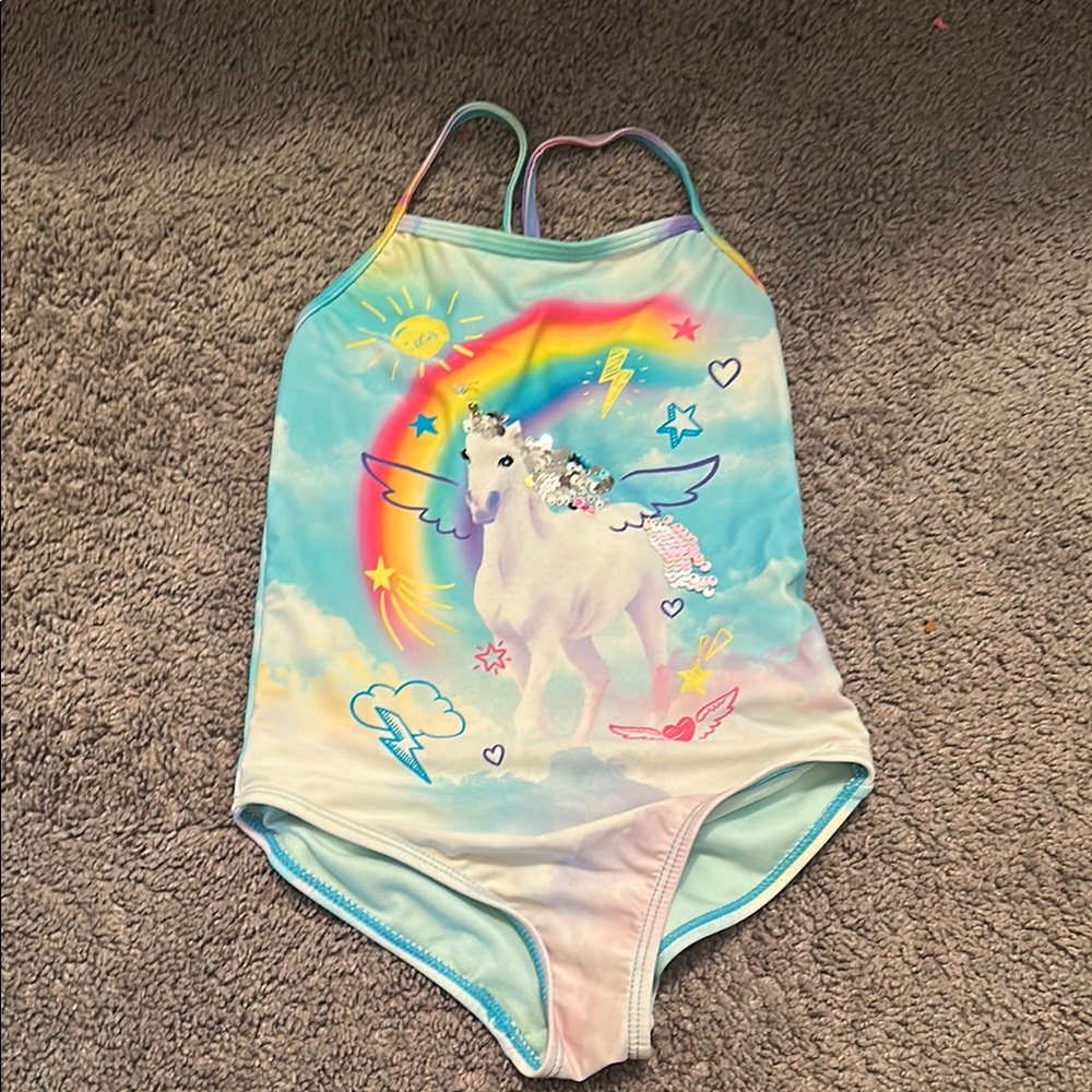 Wonder Nation Kids Swim One Piece - Blue with Rainbow and Unicorn